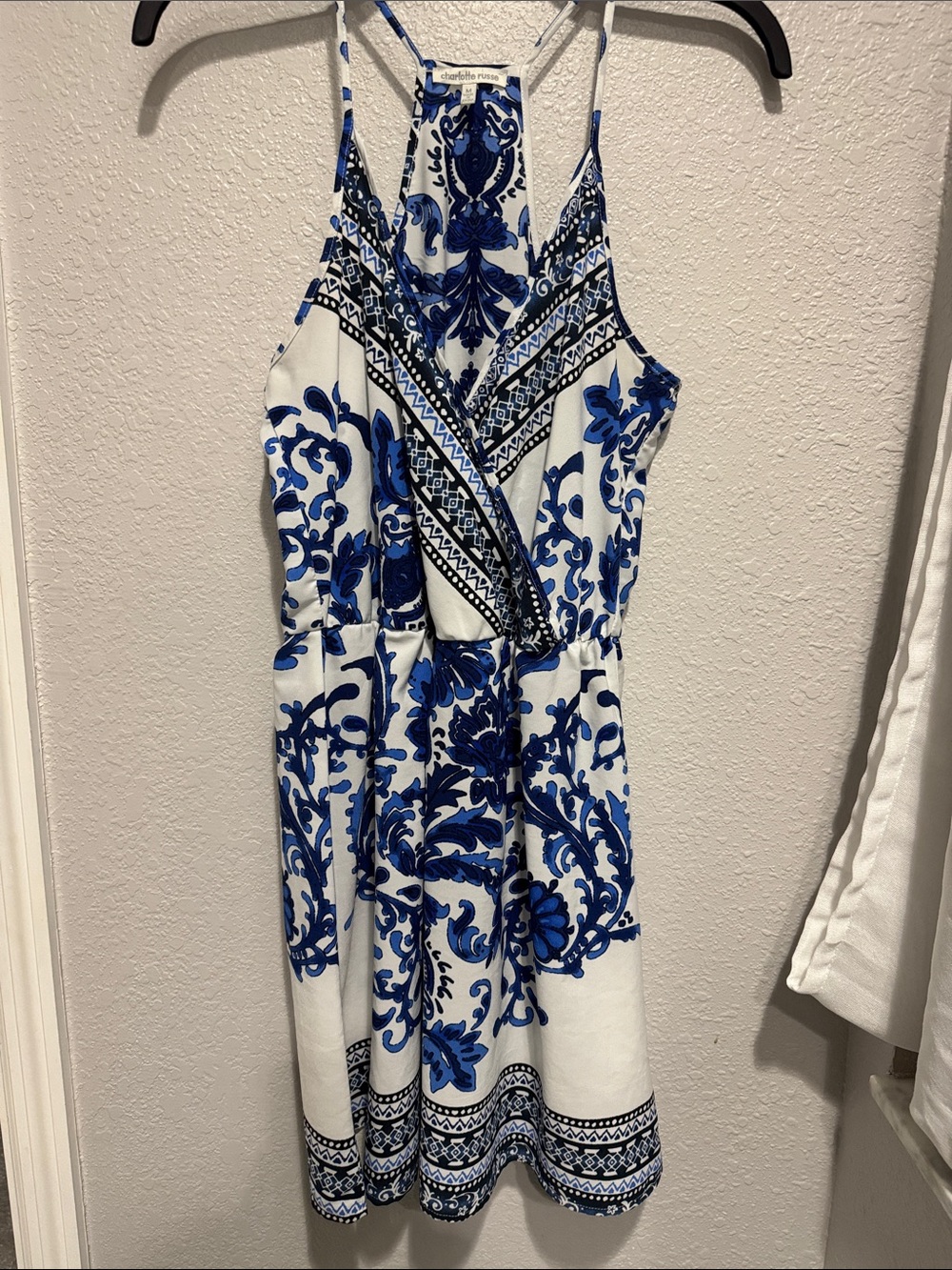 Charlotte Russe White Mini Dress with Blue Ornate Print
